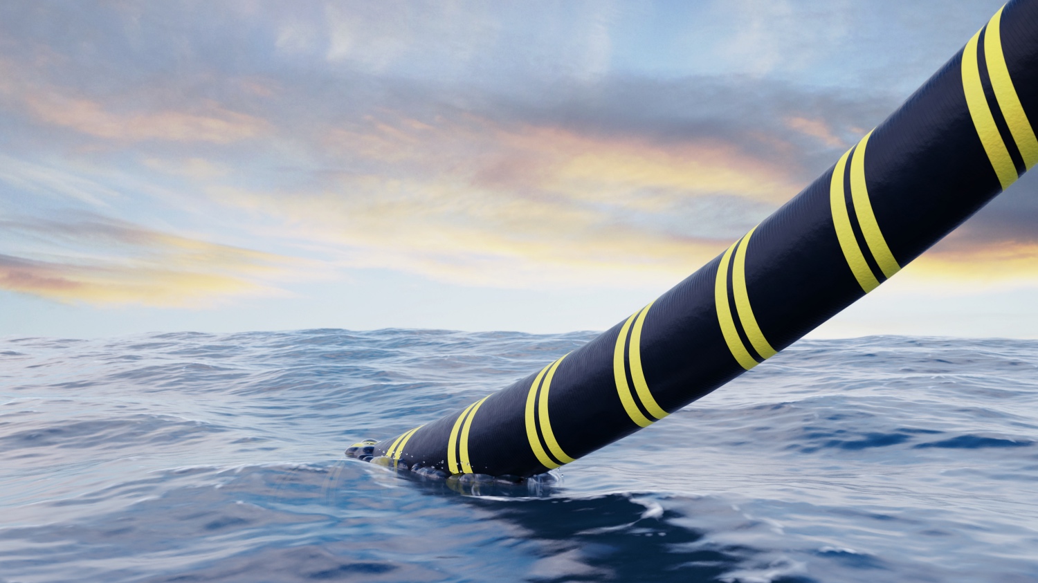 A 3D rendering of a submarine cable being laid onto the ocean floor.