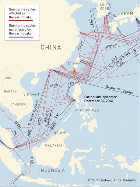 An image of how the earthquake in the Luzon Strait off the coast of Taiwan had affected the many underwater submarine cables.
