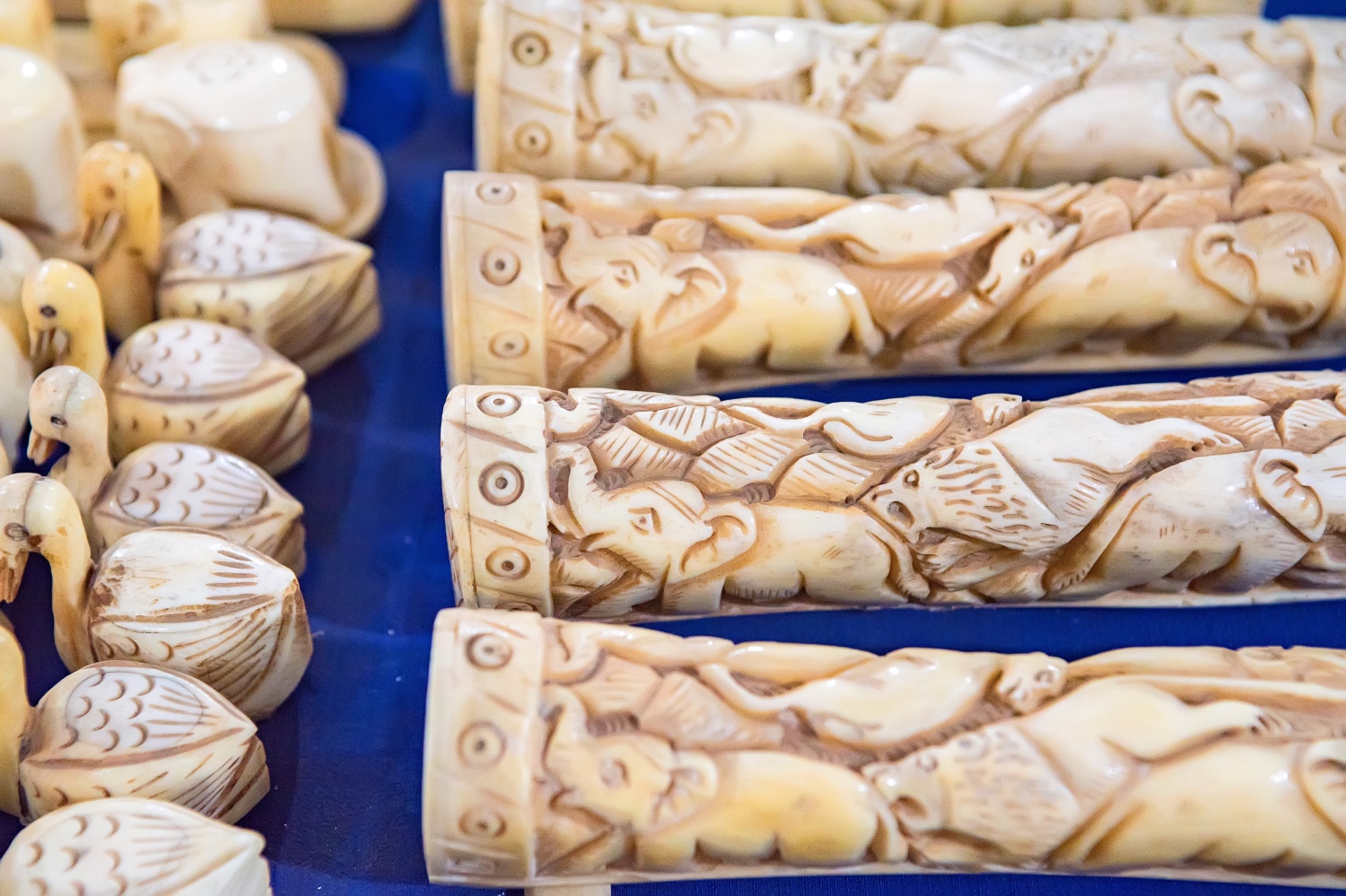 Picture of various ornamented elephant ivories.