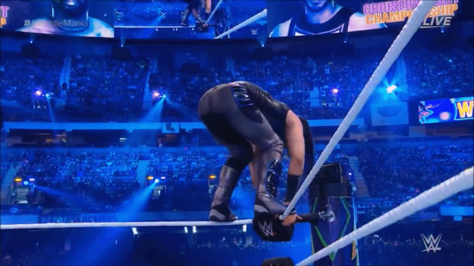 A gif of Mustafa Ali, the wrestler, showing off his high-flying stunt in the WWE.