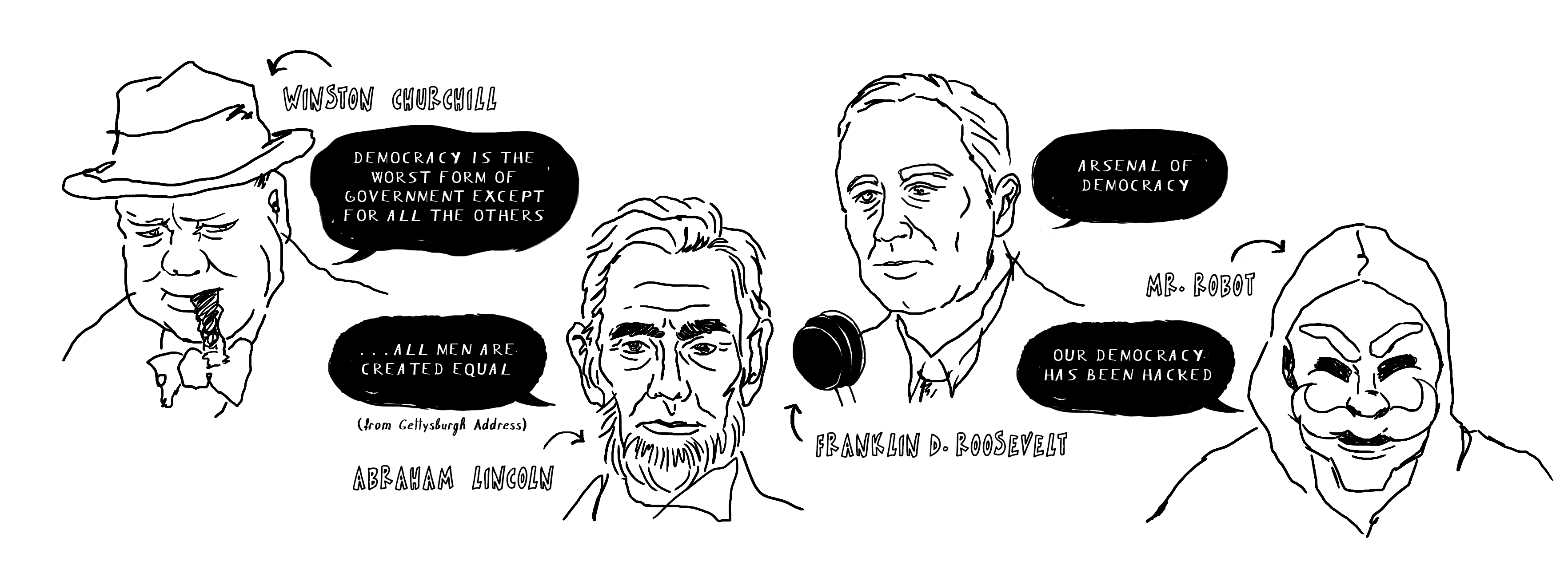 An illustration of famous quotes from Abraham Lincoln, Winston Churchill, Franklin D. Roosevelt, and Mr. Robot.