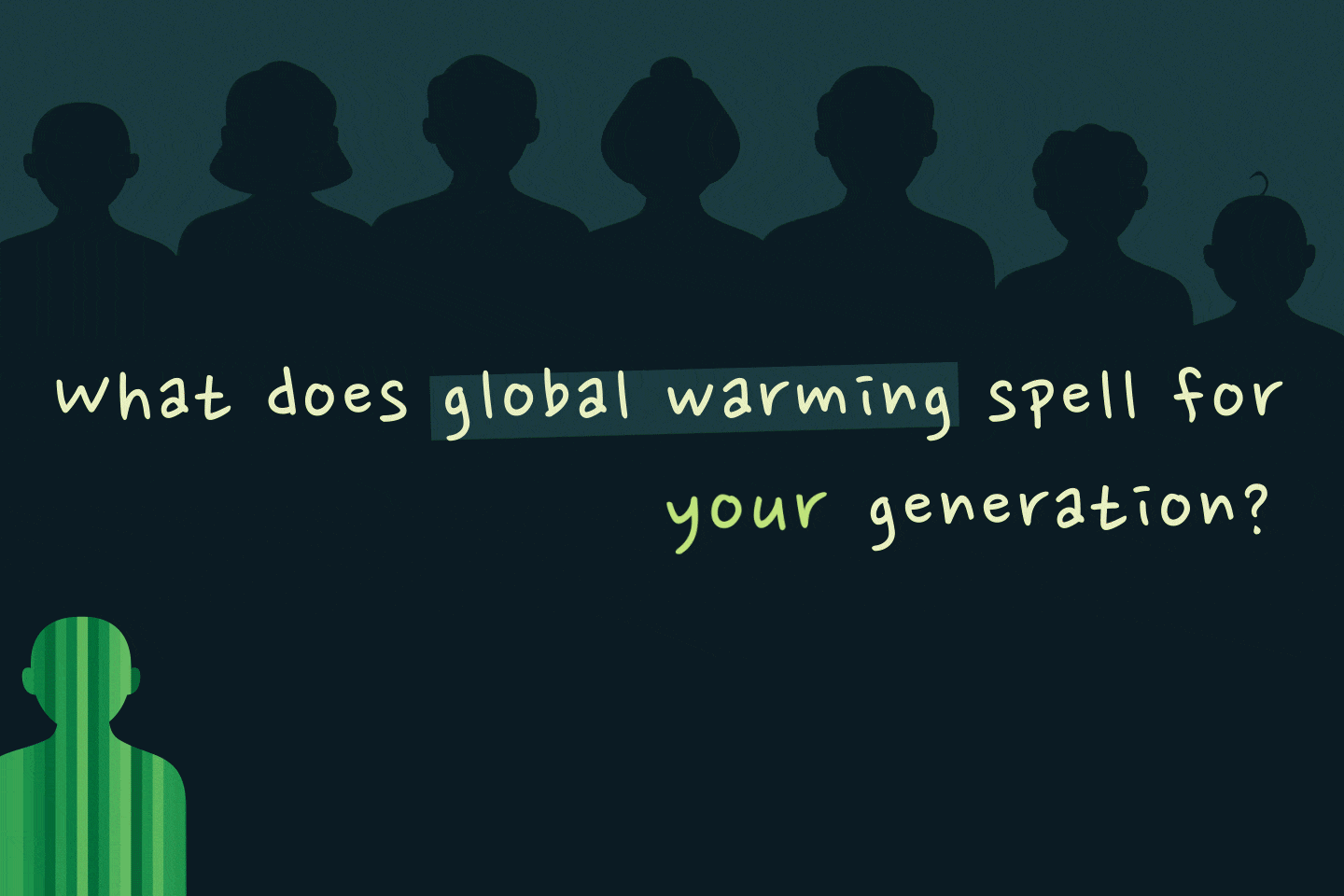 gif with text going what will global warming spell for your, your parent's, your grandparent's generation? as people (coloured in climate stripes) pop up in succession.