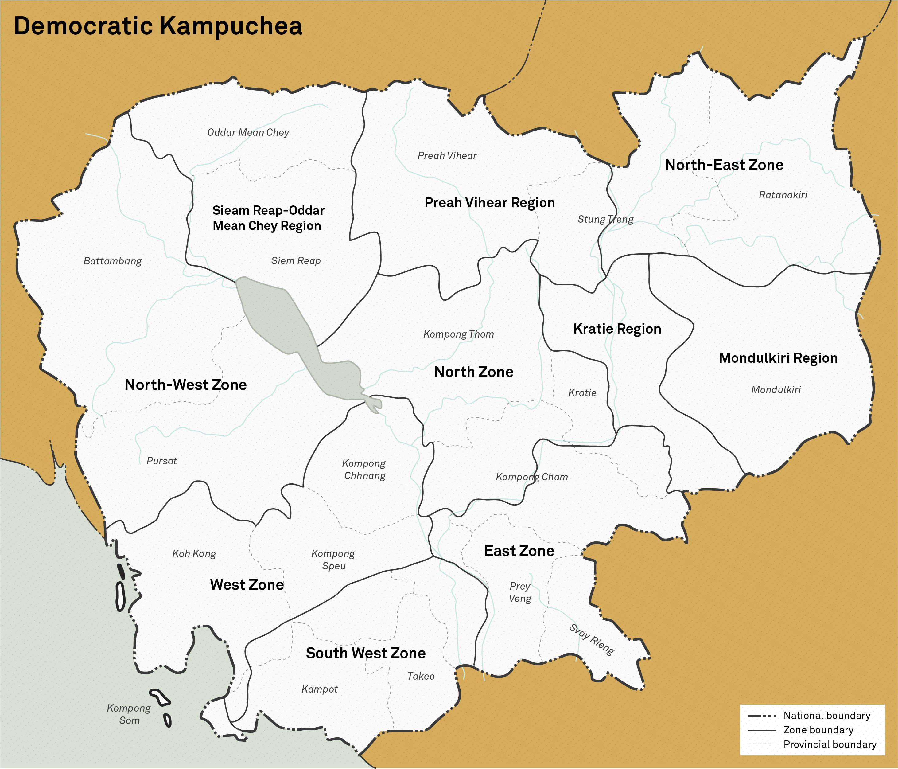 An illustrative map of the Democratic Kampuchea divided into administrative zones, based on the original 1976 map used by the regime.