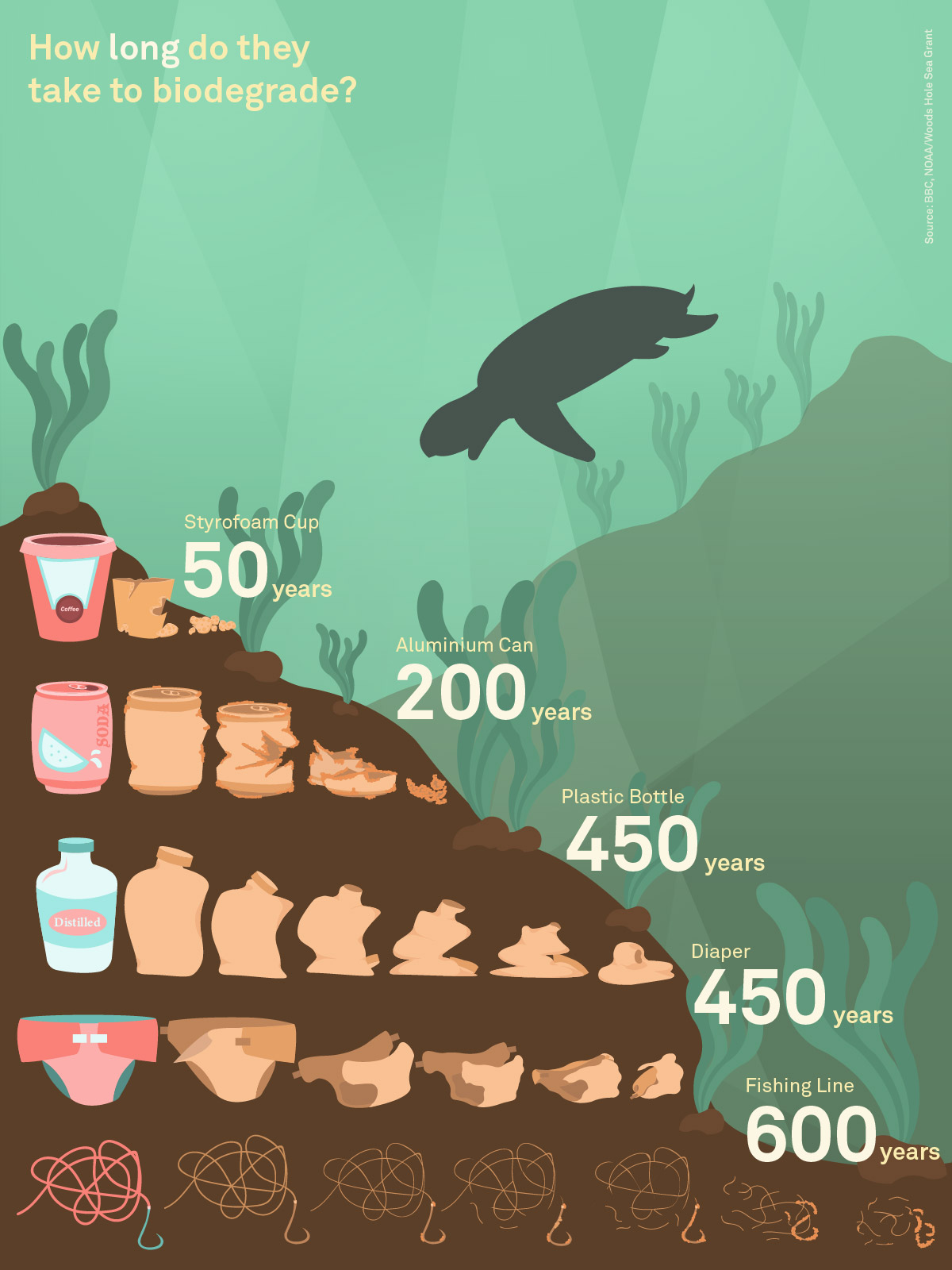 An infographic show the duration to biodegrade various products.