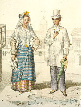 Chinese-Filipino mestizo (mixed race) costume featuring the tapis over a long underskirt, 1800s.